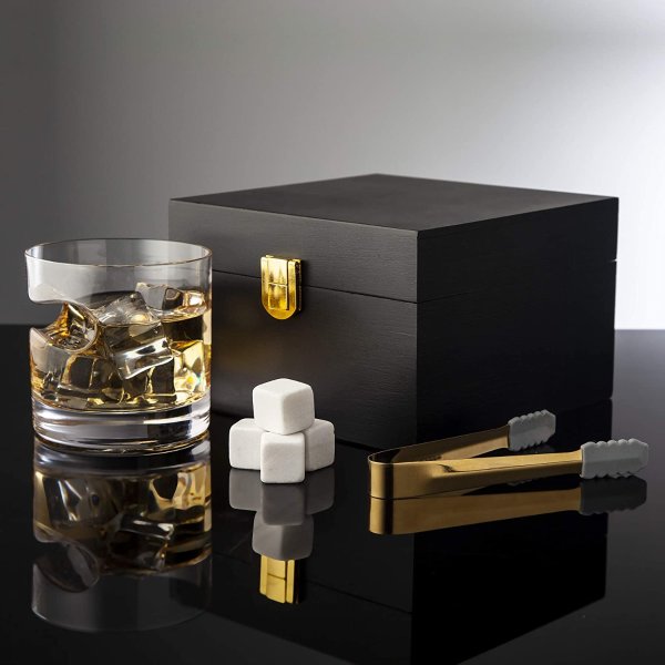 Cigar Whiskey Glass Wooden Gift Box Set with Old Fashioned Glass, Cooling Whiskey Stones and Tongs Bar Set