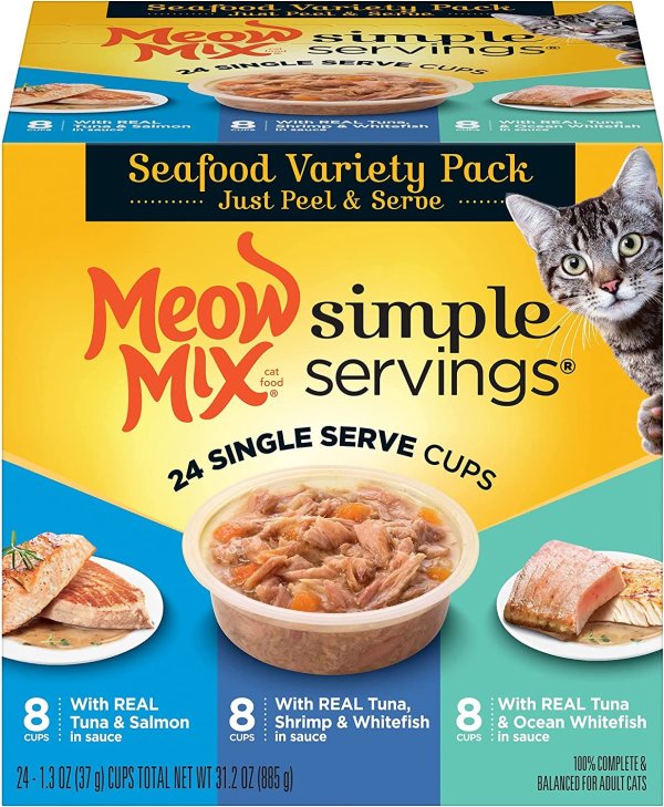 Meow Mix Simple Servings Wet Cat Food, Seafood Variety Pack, 1.3 Ounce Cup (Pack of 24)