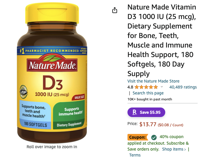 Amazon.com: Nature Made Vitamin D3 1000 IU (25 mcg),额外6折