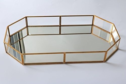 Decorative Tray ,Vintage Glass Jewelry Tray with Mirrored Bottom Vanity Organizer for Accent Table,Gold Leaf Finish
