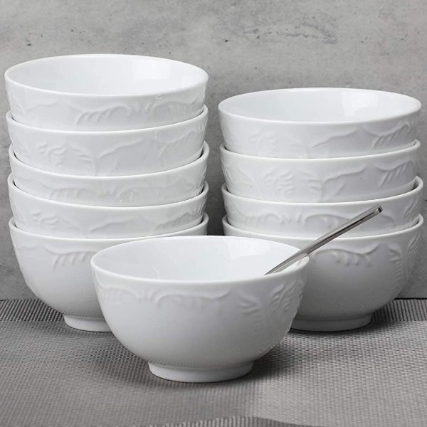 Cereal Bowls Set of 10 with Embossed Texture, Small Soup Bowls, 11 Ounce Porcelain Bowls for Ice Cream Dessert, Condiment and Oatmeal, Lead-Free, Dishwasher & Microwave Safe - White, 4.5 Inch