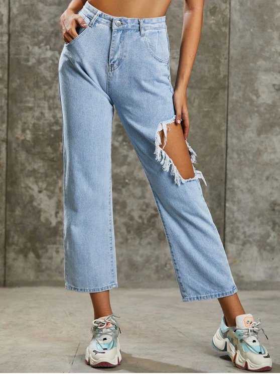 Distressed High Waisted Baggy Jeans LIGHT BLUE