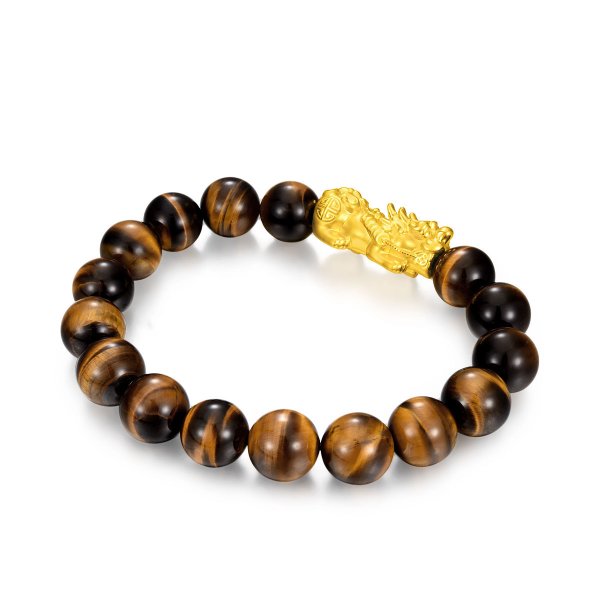999 24K Gold Pixiu Charm with Tiger Eye Agate Large Marbles Bracelet