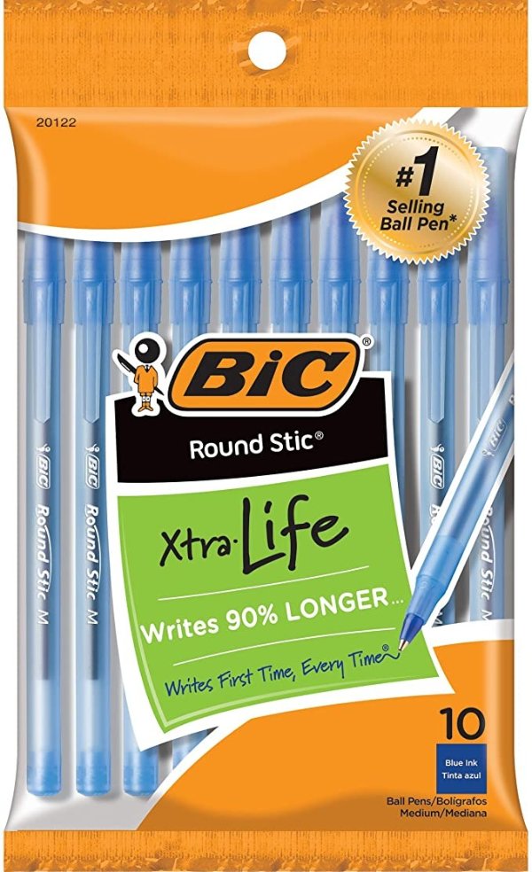 Round Stic Xtra Life Ballpoint Pen, Medium Point (1.0mm), Blue, 10-Count