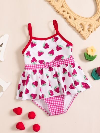 Baby Girl Strawberry Print Ruffle Hem One Piece Swimsuit
