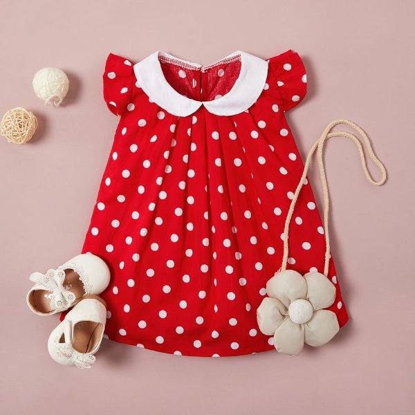 100% Cotton Polka Dots Print Cap-sleeve Red Baby Dress