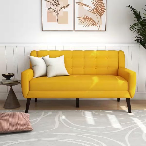 63 in.W Modern Straight Arm Linen Fabric Yellow Upholstered Button Loveseat Sofa With Two Pillows
