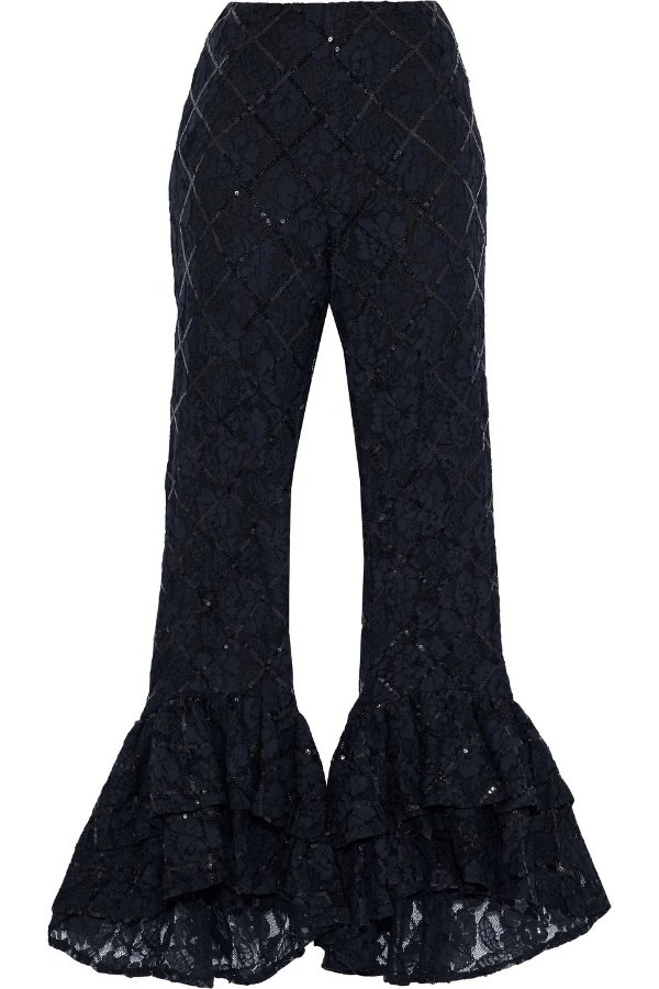 Nina sequin-embellished cotton-blend corded lace flared pants