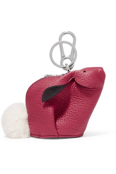 Bunny shearling-trimmed textured-leather bag charm