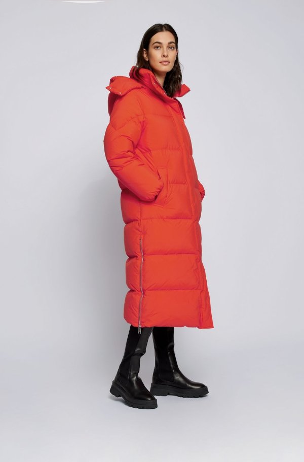 Relaxed-fit parka in recycled fabric with detachable hood Italian-leather knee-high boots with sock-style insert by boss