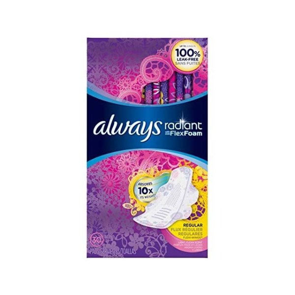Radiant Regular Feminine Pads with Wings, Scented, 30 Count - Pack of 3 (90 Total Count)