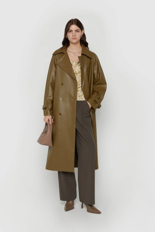 VEGAN LEATHER TRENCH COAT $124 Additional 20% Off Vegan Leather - Automatically applied in cart OW-9176-W Chocolate Brown;Military Olive OW-9176-W $178 $124.00