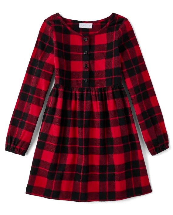 Girls Matching Family Christmas Long Sleeve Buffalo Plaid Flannel Knit Shirt Dress | The Children's Place - CLASSICRED