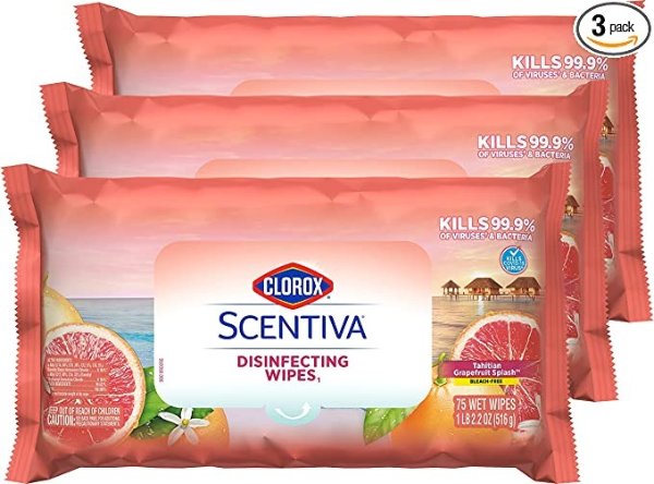 Scentiva Wipes, Bleach Free Cleaning Wipes - Tahitian Grapefruit Splash, 75 Count (Pack of 3)