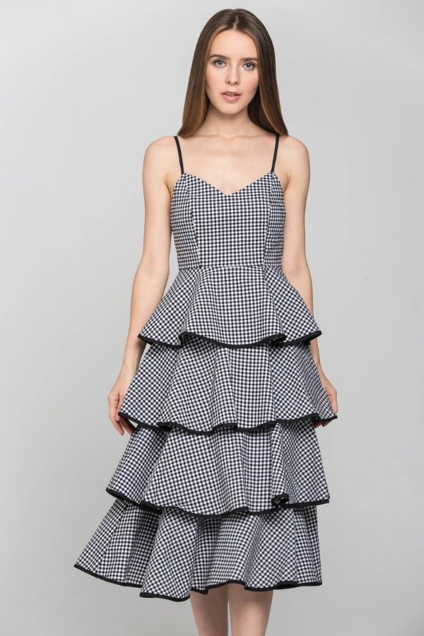 Black Gingham Tiered Skirt Midi Dress