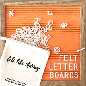 Felt Like Sharing Vivid Orange Felt Letter Board 10x10 Inches. Changeable Letter Boards Include 300 White Plastic Letters & Oak Frame