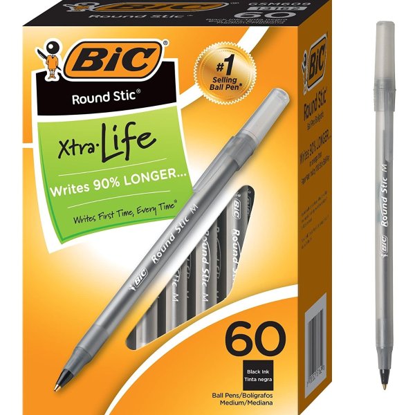 BIC Round Stic Xtra Life Ballpoint Pen Black 60Count
