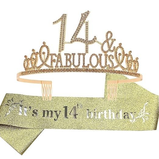 EBE EmmasbyEmma 14th Birthday Sash and Tiara for Girls - Fabulous Set: Glitter Sash + Fabulous Rhinestone Gold Premium Metal Tiara, 14th Birthday Gifts for Teenegers Party