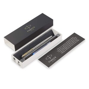 Parker Jotter Fountain Pen, Stainless Steel Body with Gold Trim, Medium Point, Blue Ink, Includes Gift Box