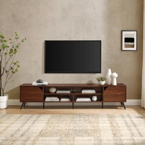 80 in. Dark Walnut Wood Modern Wide TV Stand with Open and Closed Storage Fits TVs up to 70 in.