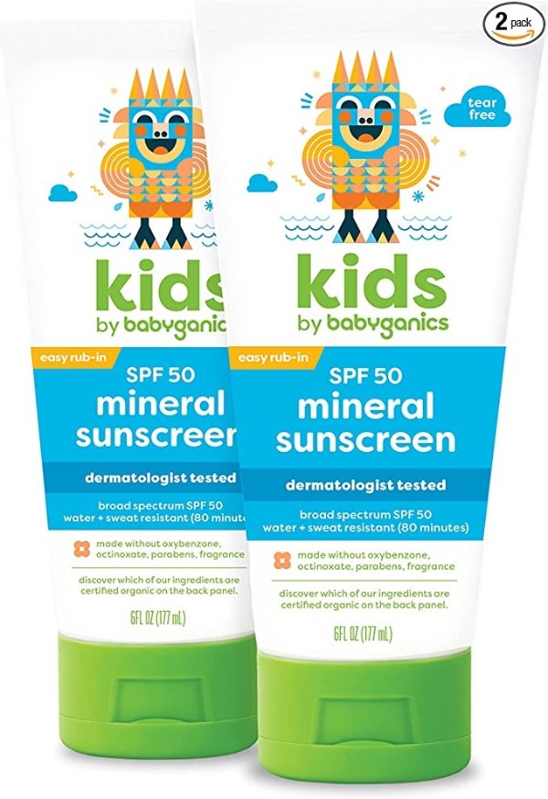 SPF 50 Kids Sunscreen Lotion | UVA UVB Protection | Octinoxate & Oxybenzone Free | Water & Sweat Resistant, 6 Fl Oz (Pack of 2)
