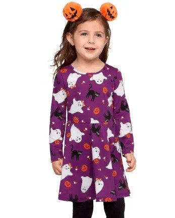 Toddler Girls Long Sleeve Halloween Print Knit Skater Dress | The Children's Place - PURPLE CARROT