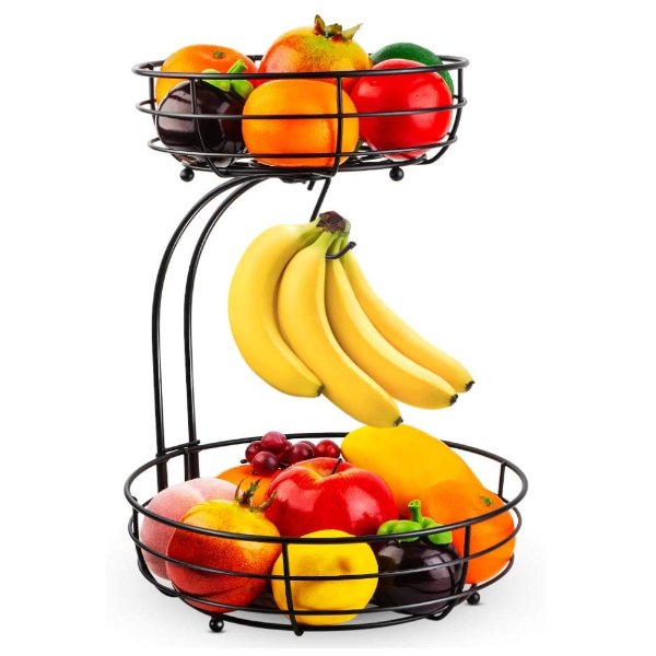 Auledio 2-Tier Countertop Fruit Vegetables Basket Bowl Storage With Banana Hanger, Black