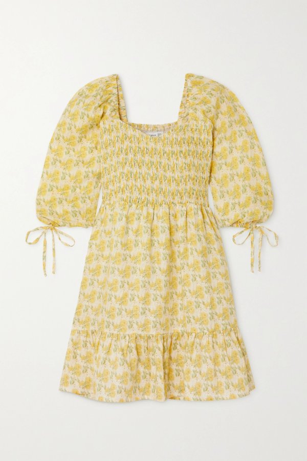 + NET SUSTAIN Romina shirred floral-print linen mini dress