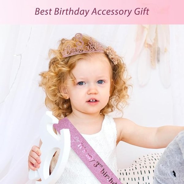 3rd Birthday Sash and Tiara for Girls - Fabulous Glitter Sash + Fabulous Rhinestone Pink Premium Metal Tiara for Girls, 3rd Birthday Gifts for Princess Party