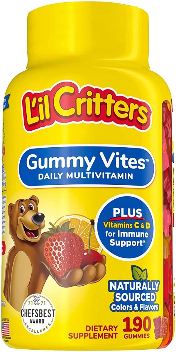 L'il Critters Gummy Vites 儿童每日复合维生素软糖：来自美国儿童软糖维生素品牌，190粒（95-190天供应量），维生素C，D3和锌可提供机体抵抗能力支持