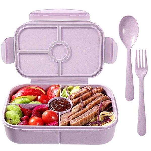 Bento Box for Kids Lunch Containers with 4 Compartments Kids Bento Lunch Box Microwave/Freezer/Dishwasher Safe (Flatware Included,Light Purple)