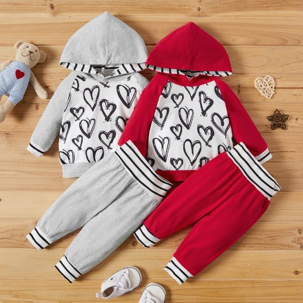 2pcs Baby Unisex casual Heart-shaped Baby's Sets Hooded Cotton Fashion Long Sleeve Infant Clothing Outfits
