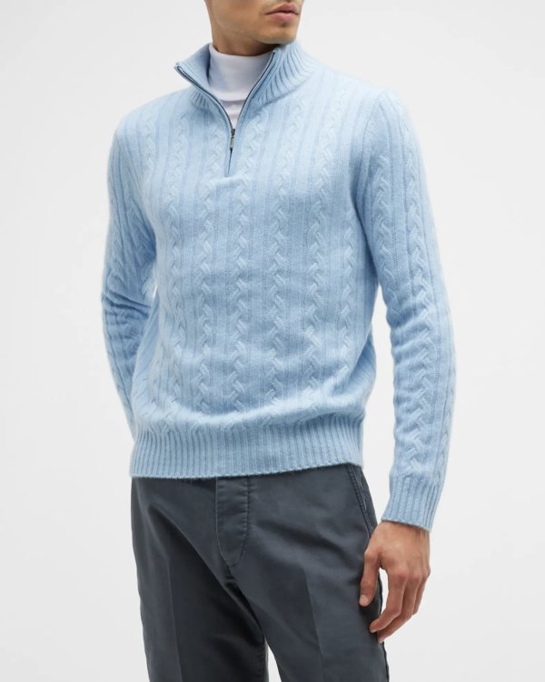 Men's Cable-Knit Cashmere Quarter Zip Sweater