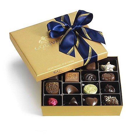 Assorted Chocolate Gold Gift Box 19 pc, Striped Tie Ribbon | GODIVA
