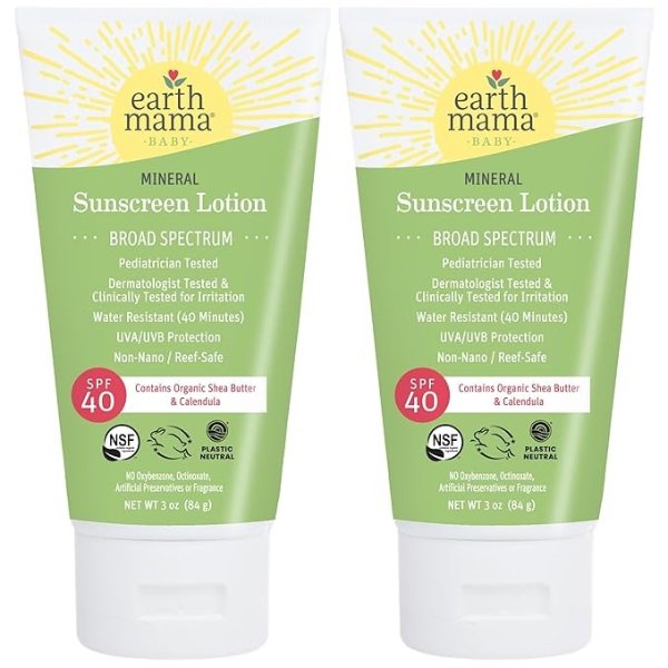 Earth Mama Baby Mineral Sunscreen Lotion SPF 40 | Reef Safe, Non-Nano Zinc, Natural Water Resistant Sun Cream for Babies, Kids & Adults, 3-Ounce (2-Pack)