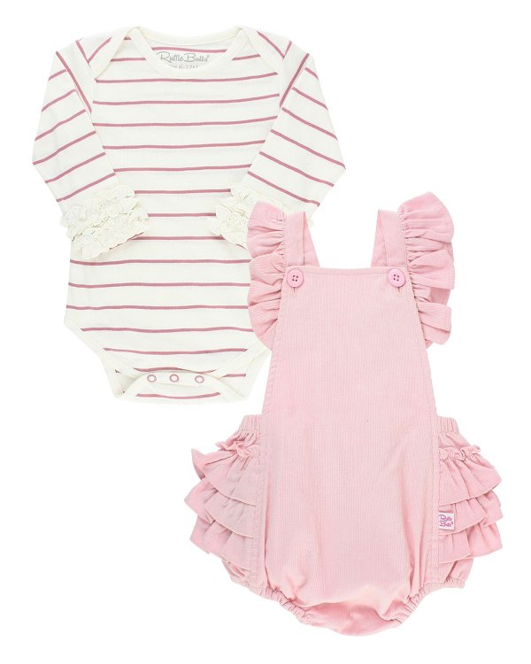 Girl's Ballet Pink Ruffle Overalls w/ Striped Bodysuit, Size 0-24M