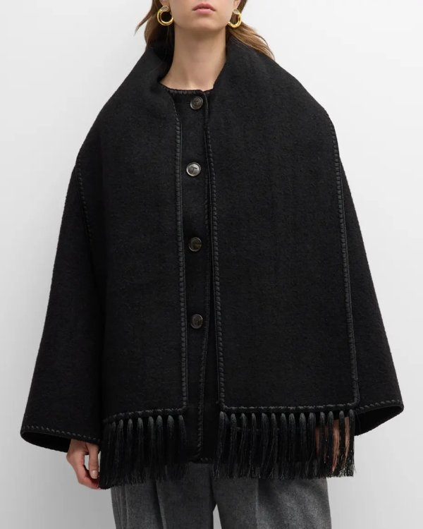 Embroidered Fringe-Trim Scarf Wool Jacket