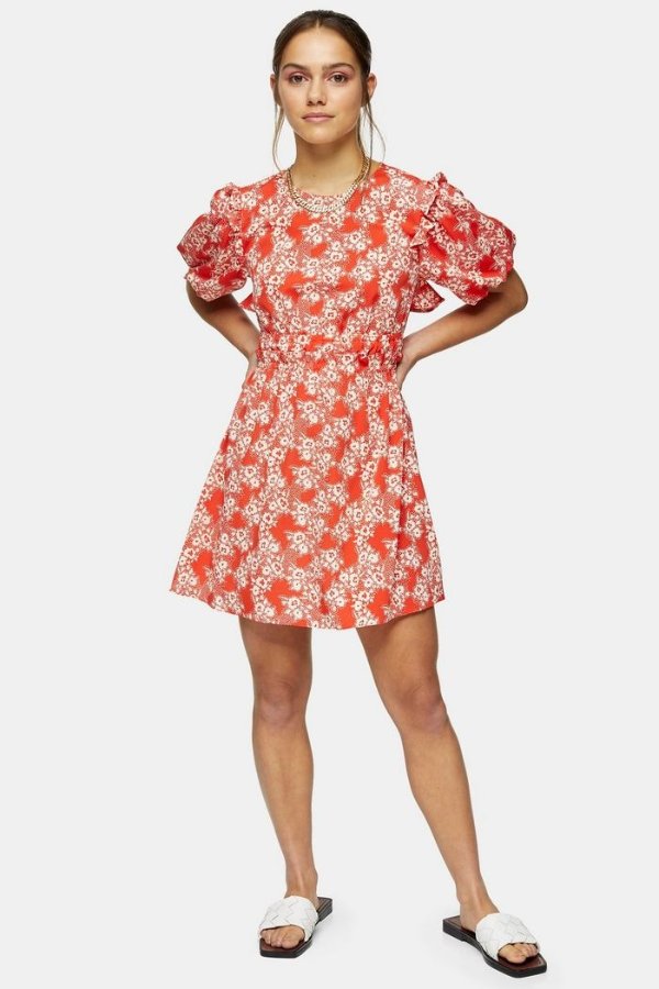 PETITE Red Floral Print Puff Sleeve Mini Dress