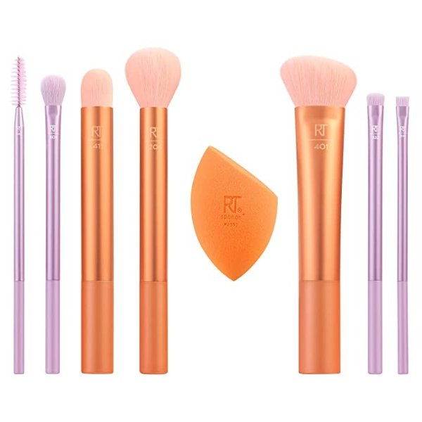 Real Techniques Level Up Brush + Sponge Kit, Makeup Brushes For Eyeshadow, Foundation, Blush, & Bronzer, Professional Quality Makeup Tools, Synthetic Bristles, 9 Piece Set