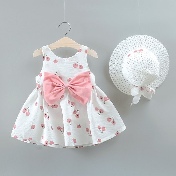 2-piece Baby / Toddler Fruit Apple Cherry Allover Bow Decorative Dress and Hat Set
