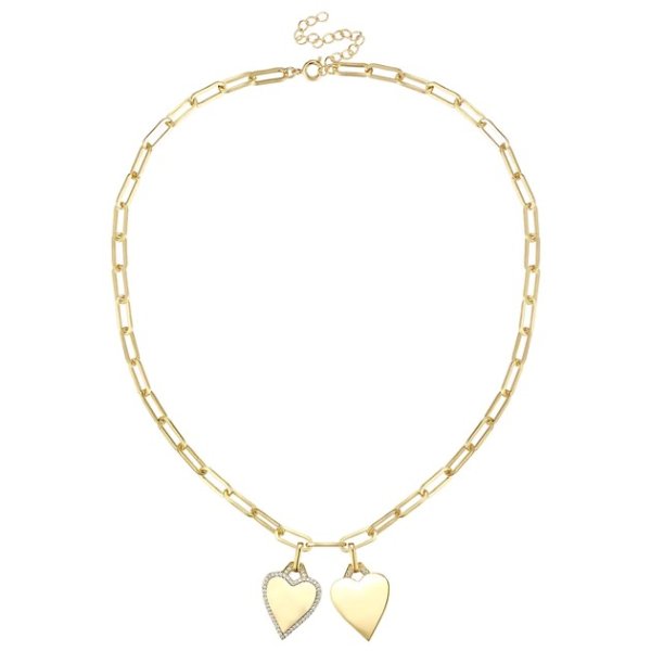rg 14k gold plated with diamond cubic zirconia double heart charm necklace