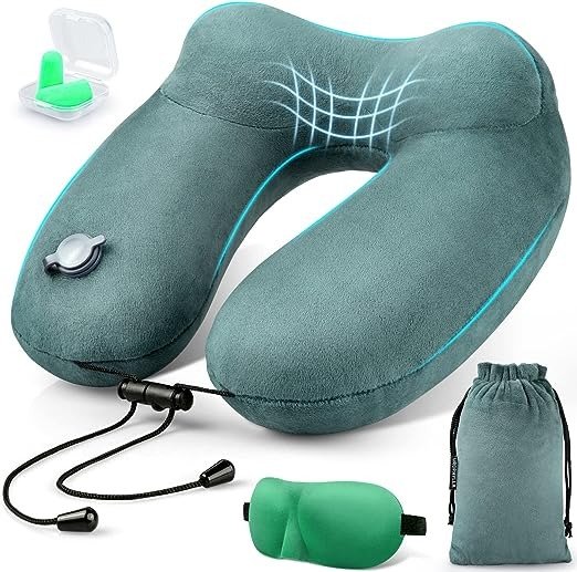 Inflatable Travel Pillow for Airplane, Inflatable Neck Pillow for Traveling with 3D Contoured Eye Masks, Adjustable Neck/Chin Support Pillow for Trains, Cars, Large (Green)
