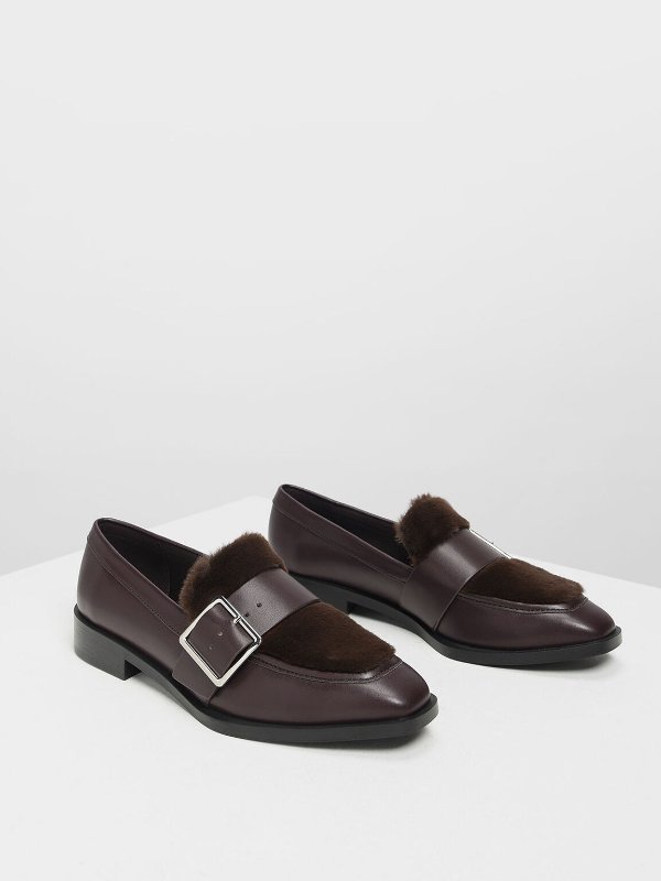 Purple Buckled Furry Detail Loafers | CHARLES &amp; KEITH