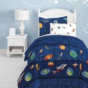 Dream Factory Kids 8-Piece Complete Set with Bedskirt Easy-Wash Super Soft Comforter Bedding, Full, Blue Outer Space Satellites