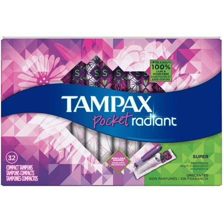 Tampax Pocket Radiant Compact Plastic Tampons, Unscented, Super, 32 Count