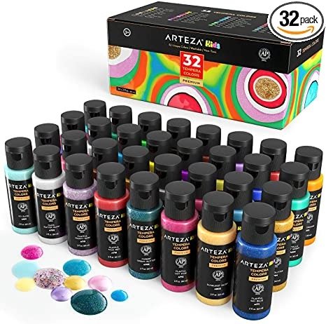 Arteza Tempera Washable Paint for Kids, Set of 32, 2.03oz/60ml  Bottles, Poster Paint for Craft Projects, Sponge Painting & Finger  Painting, Includes Neon, Glitter & Glow-in-The-Dark 39.99