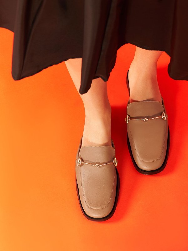 Camel Metallic Accent Loafer Mules | CHARLES &amp; KEITH