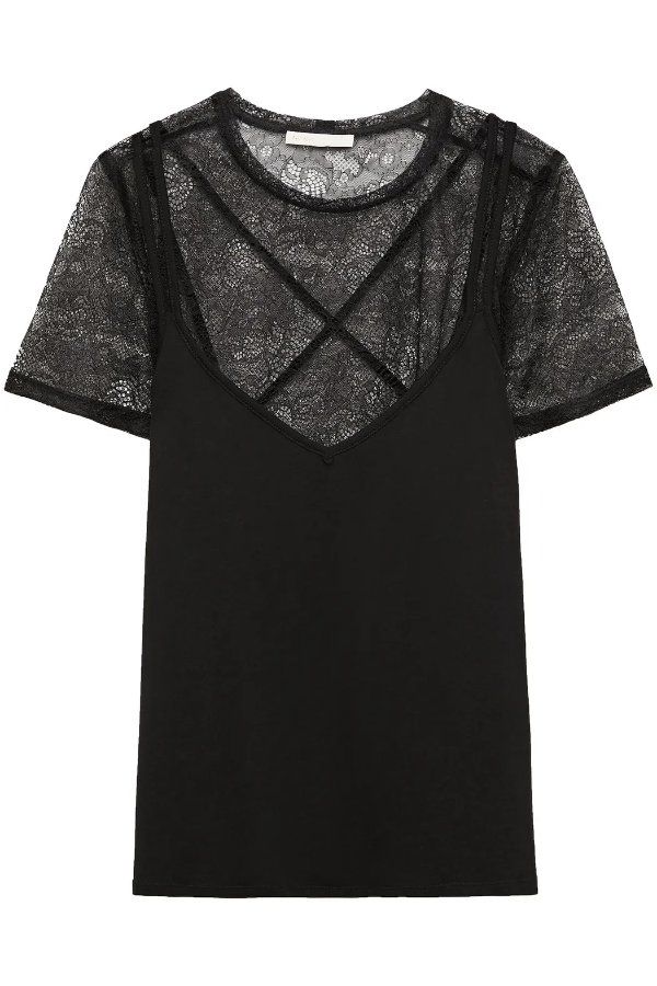 Tony layered cotton and modal-blend jersey and Chantilly lace top