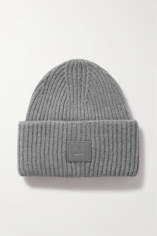Appliqued ribbed wool beanie