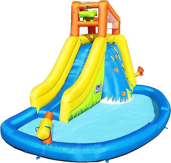 H2OGO! Mount Splashmore Kids Inflatable Outdoor Backyard Water Slide Splash Mega Park Toy w/Climbing Wall, Slide, Splash Zone, & Spray Blaster.